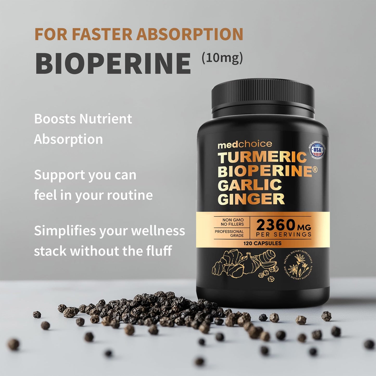 4-in-1 Turmeric Joint Support Supplements with Garlic and BioPerine - 2360 mg High Potency Herbal Blend for Mobility, Everyday Flexibility, Digestive Comfort MEDCHOICE
