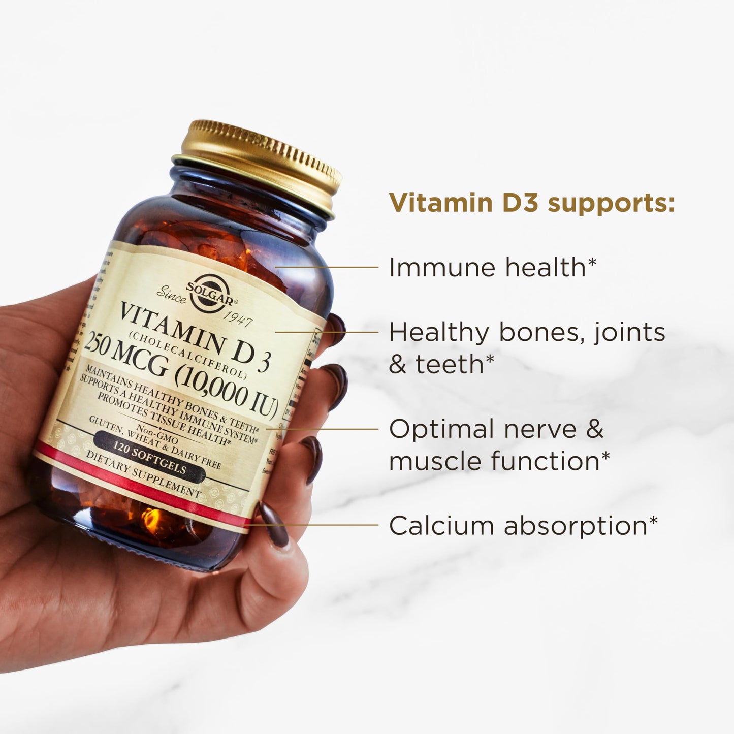 Solgar Vitamin D3 (Cholecalciferol) 250 MCG (10,000 IU), 120 Softgels - Helps Maintain Healthy Bones & Teeth - Immune System Support Solgar
