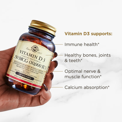 Solgar Vitamin D3 (Cholecalciferol) 250 MCG (10,000 IU), 120 Softgels - Helps Maintain Healthy Bones & Teeth - Immune System Support Solgar