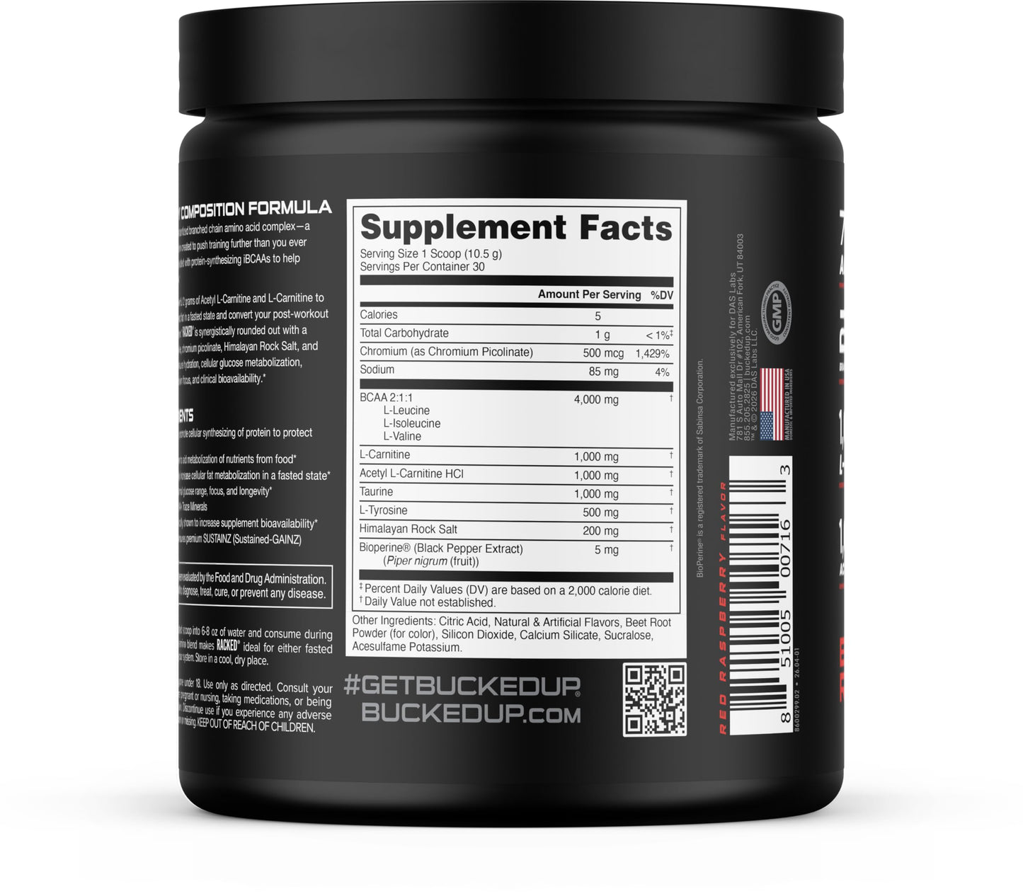 Bucked Up Racked Blood Raz | Intra Workout BCAA 2-1-1 Formula with L Carnitine Acetyl L Carnitine Taurine and L Tyrosine | Amino Acid Powder Supplement (30 Servings)