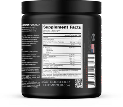 Bucked Up Racked Blood Raz | Intra Workout BCAA 2-1-1 Formula with L Carnitine Acetyl L Carnitine Taurine and L Tyrosine | Amino Acid Powder Supplement (30 Servings)
