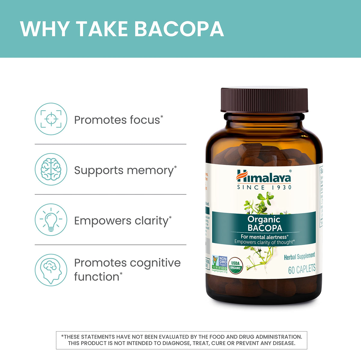 Himalaya Organic Bacopa Monnieri Nootropic Herbal Supplement, Supports Calm, Memory, Cognition, USDA Certified Organic, Non-GMO, 750 mg Himalaya
