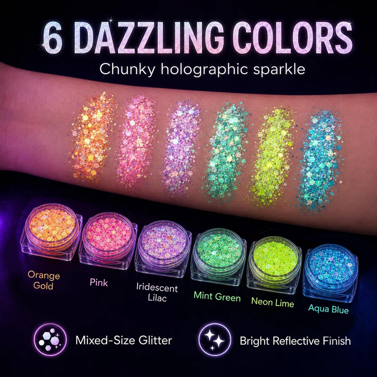 6 Colors Glow in the Dark Glitter Gel, UV Face Body Hair Makeup MiraWish