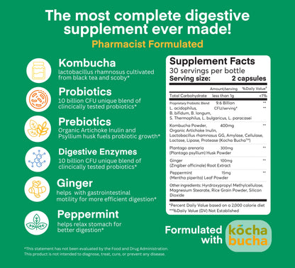 A dose of Digestive Balance-Gut Health Supplement-USDA-Kombucha, 7 Probiotic Strains and Prebiotics for Microbiome-Digestive Enzymes for Digestion dose + remedy