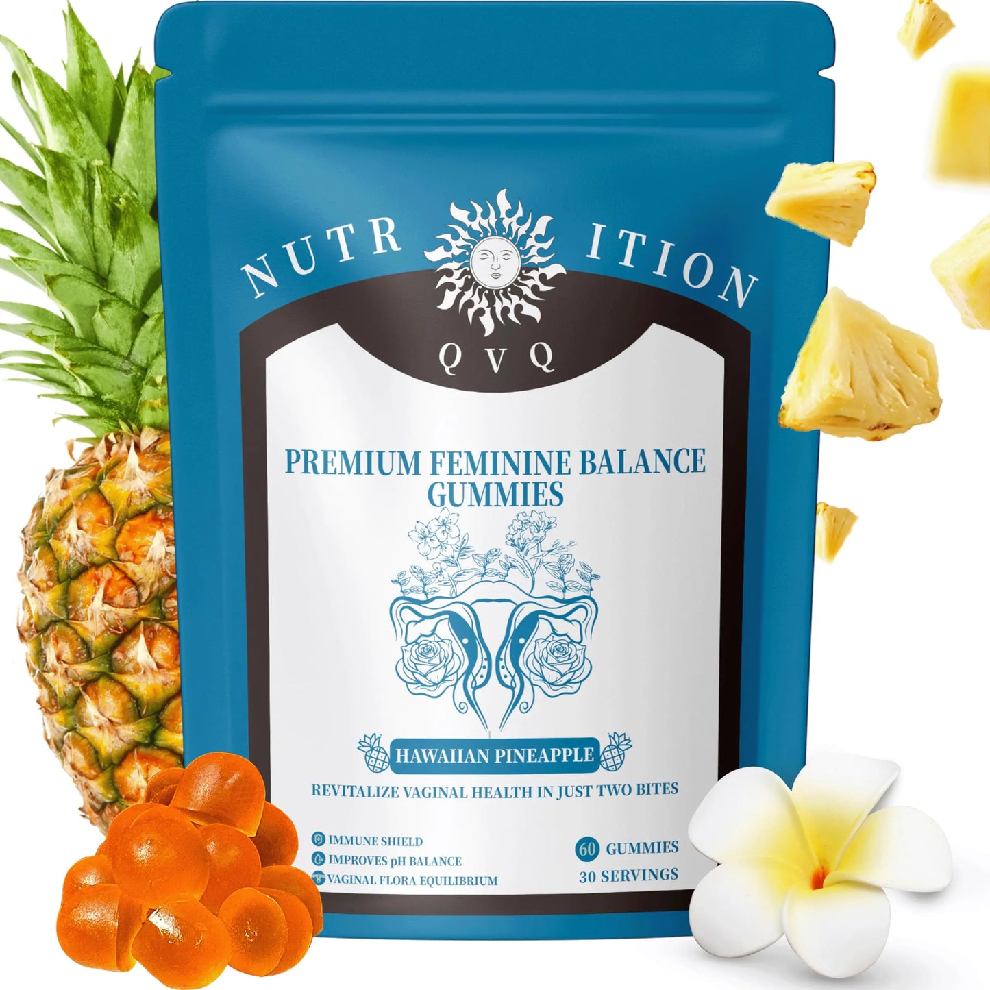 Organic Natural Sourcing Premium Feminine PH Balance Gummies for Women's Health, Immune Support, Hawaiian Pineapple Flavor Gluten-Free, Vegan Premium Feminine Balance Gummies For women-60 Prebiotics QVQ