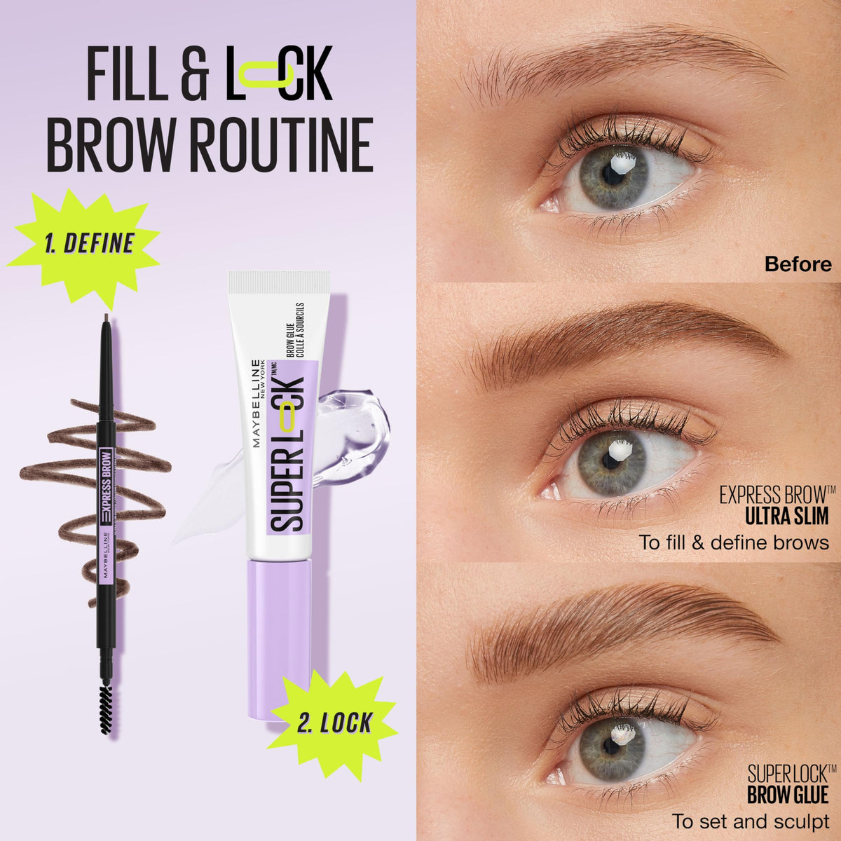 Maybelline Super Lock Brow Glue Eyebrow Gel, Lightweight Brow Gel For Up To 24HR Hold, Clear, 1 Count MAYBELLINE
