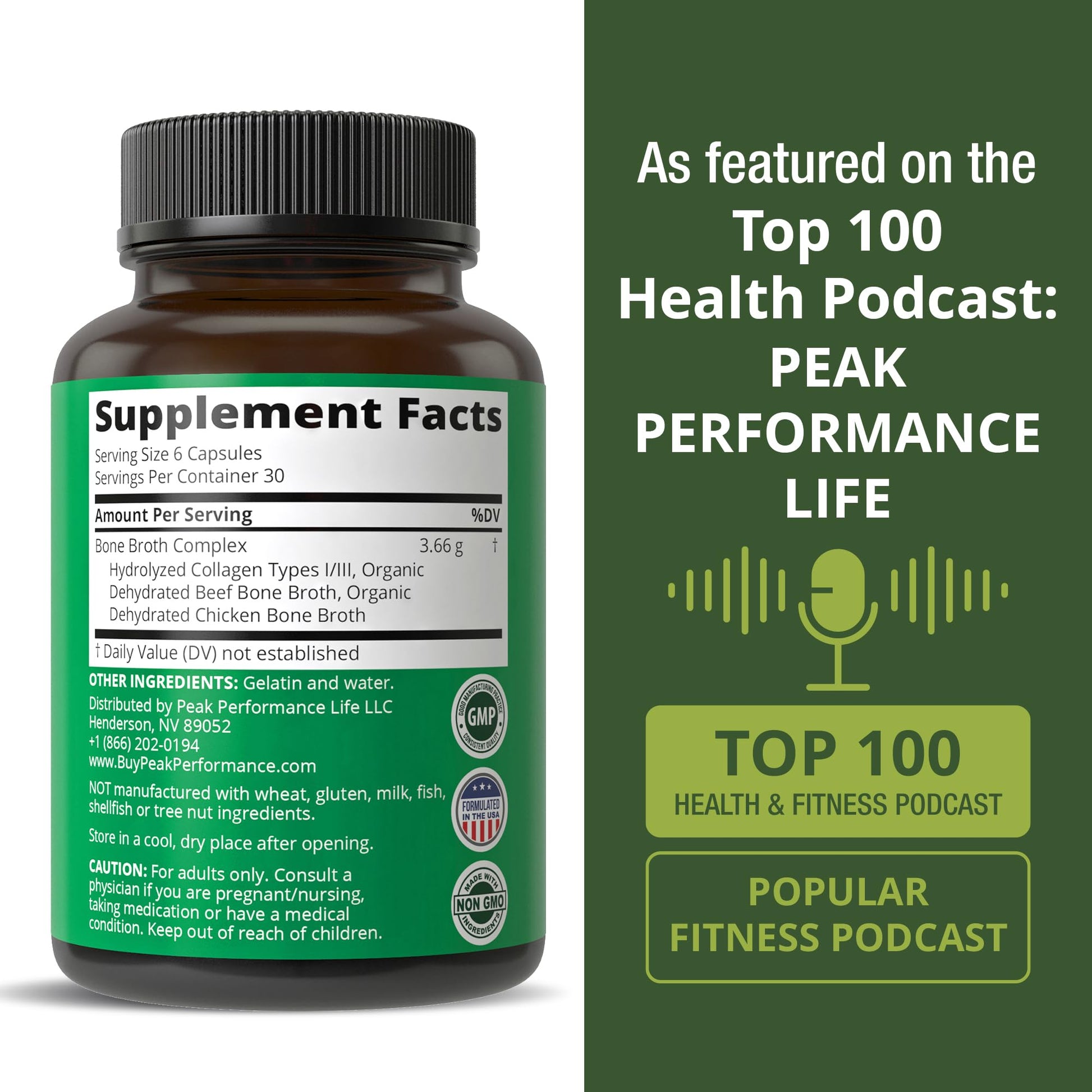 Peak Performance Bone Broth Collagen Capsules - 180 Pills of Grass Fed Bone Broth Collagen Protein Peptides - Contains All 3 Types 1, 2, and 3 - Pure Pasture Peak Performance