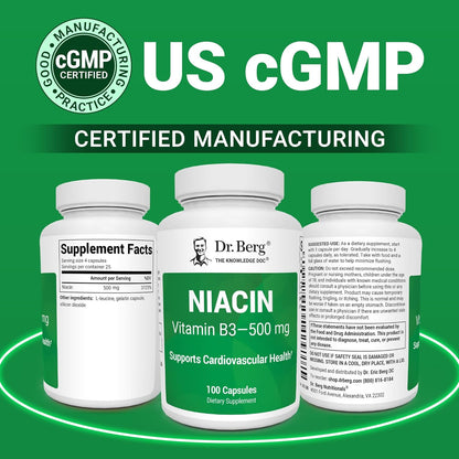 Dr. Berg Highly-Potent Niacin 500 mg – Now Only 125 mg per Capsule for Niacin Flush Tolerance Building – Gradually Increase to 500mg a Day – Vitamin B3 for Heart, Brain & Energy Support – 100 Capsules