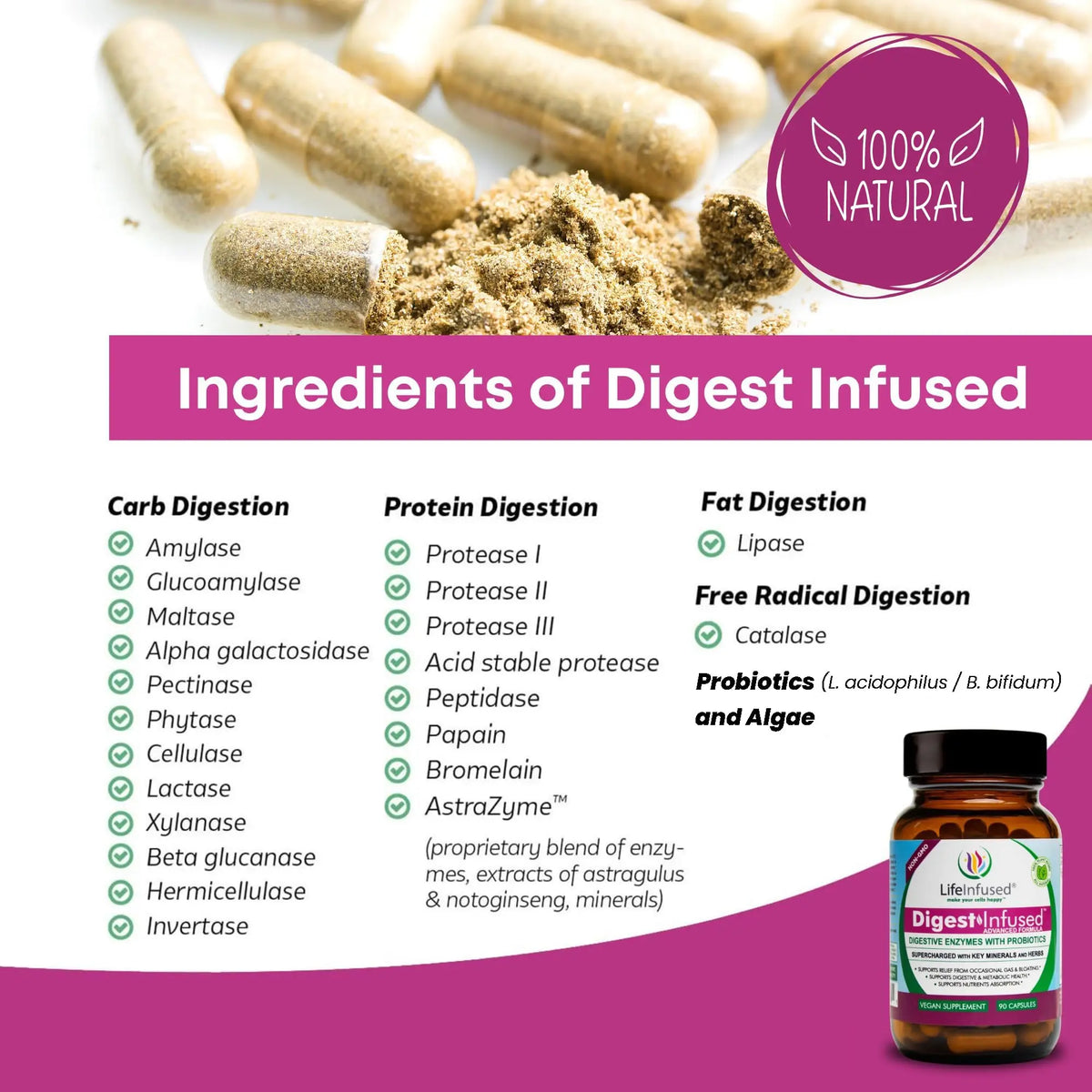 Life Infused Digestive Enzymes with Probiotics – 21 Plant-Based Enzymes with Bromelain, Papain, Amylase & Protease – Digestive Support for Gas & Bloating – Life Infused