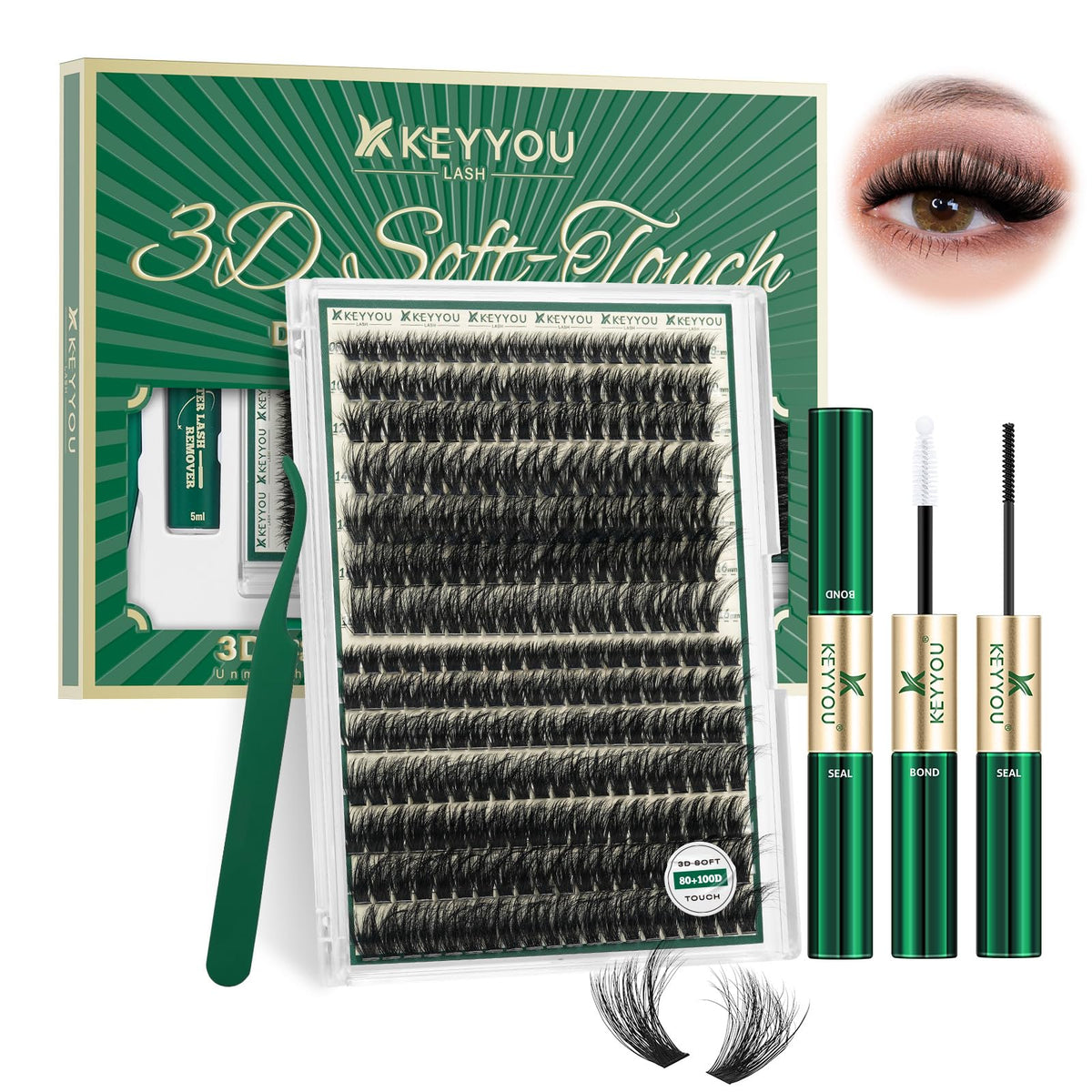 KEYYOU 3D Volume Lash Clusters Kit 80D100D with Tools DIY at Home KEYYOU