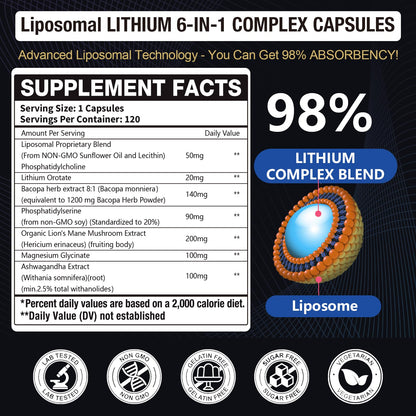 Lisopomal Lithium Orotate Complex Capsules, Lithium Orotate 20 mg, Magnesium Glycinate & Ashwagandha, Brain Health Supplements for Cognitive, Mood & Memory Gulapelst