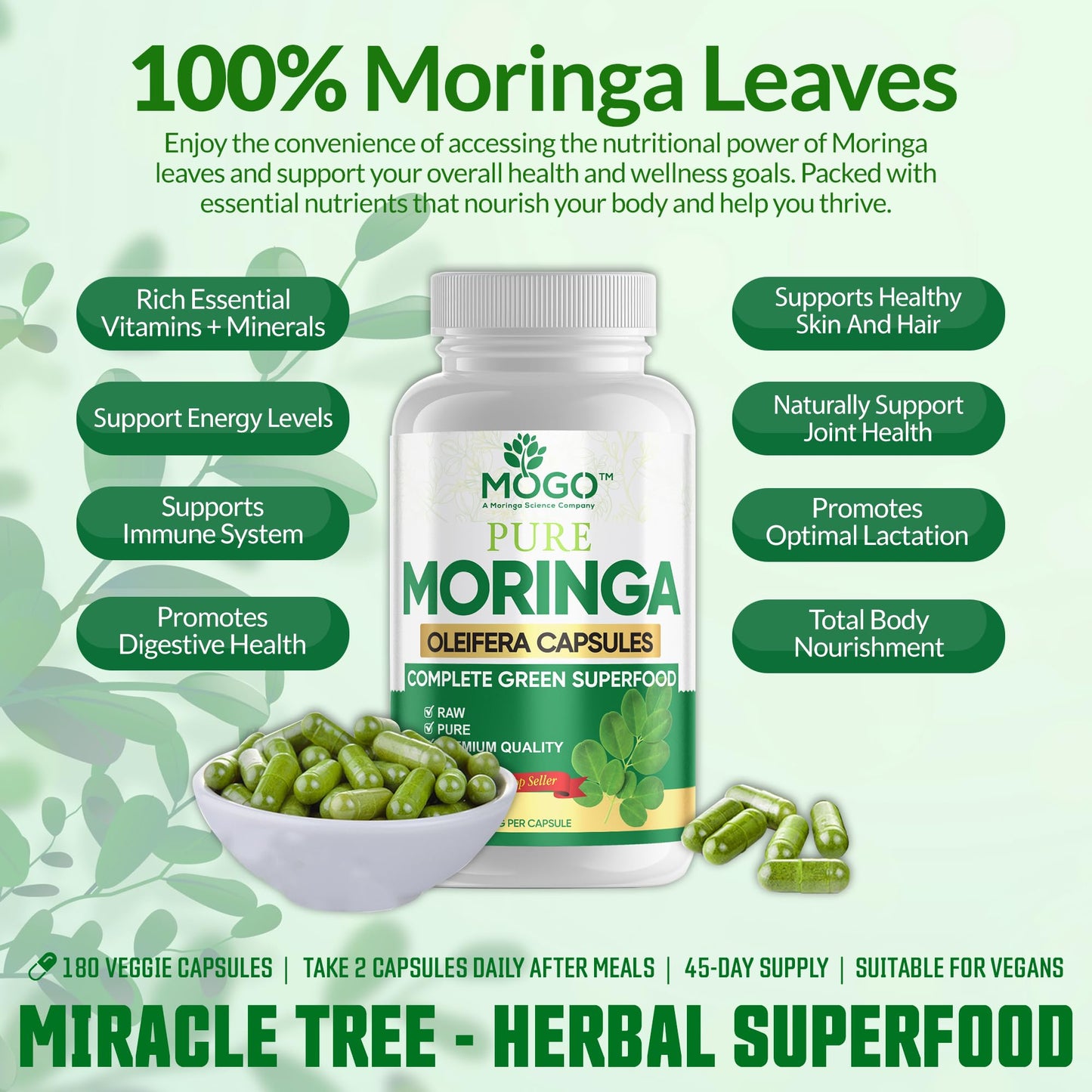 MOGO Moringa Capsules -180 Ct| Boost Energy, Immune, Gut, Joint Support | Made with Pure Organic Moringa Powder Organic Capsules | Made in USA MOGO