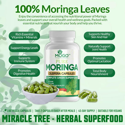 MOGO Moringa Capsules -180 Ct| Boost Energy, Immune, Gut, Joint Support | Made with Pure Organic Moringa Powder Organic Capsules | Made in USA MOGO