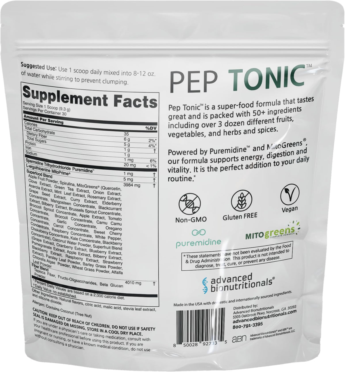 Advanced Bionutritionals Pep Tonic Powdered Superfood Formula 50 Fruits, Vegetables, Herbs, and Superfoods - Vegan, Vegetarian - 9.84 OZ - 279 g Advanced Bionutritionals