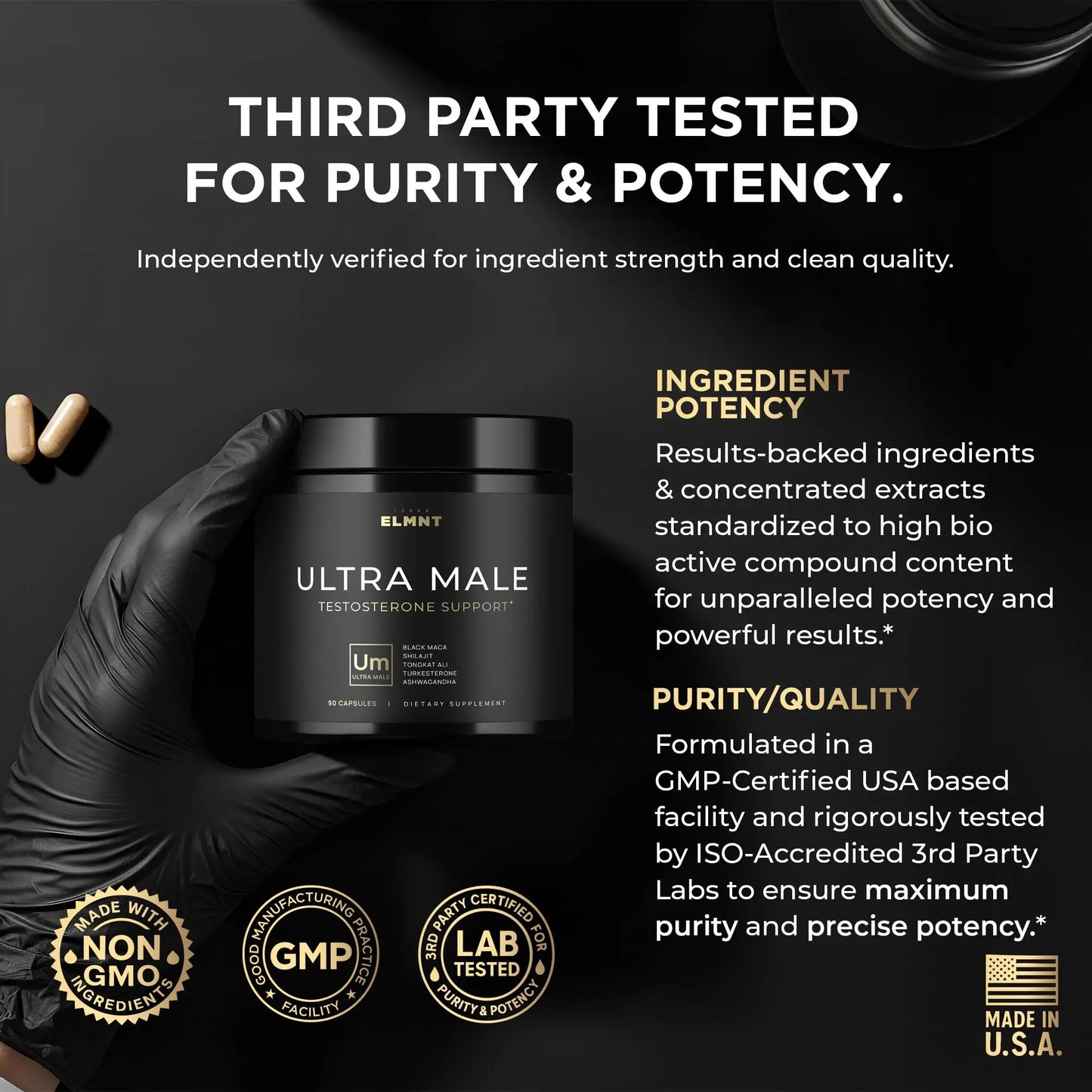 ULTRA MALE® Premium for Men w. 100:1 Shilajit, 40:1 Black Maca, Ashwagandha 25%, Tongkat Ali 10% - Clinical Strength Male Enhancing Supplement for Men Health Libido+ TERRA ELMNT