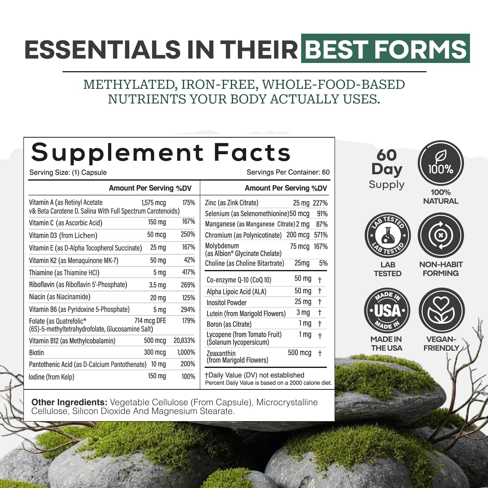 Wild Methylated Multivitamin for Women & Men | Daily Multi Vitamin | MTHFR Supplement Without Iron | Methylated B12, Folate, Vitamin C, A, K2, D, E Wild Foods buy australia supplements