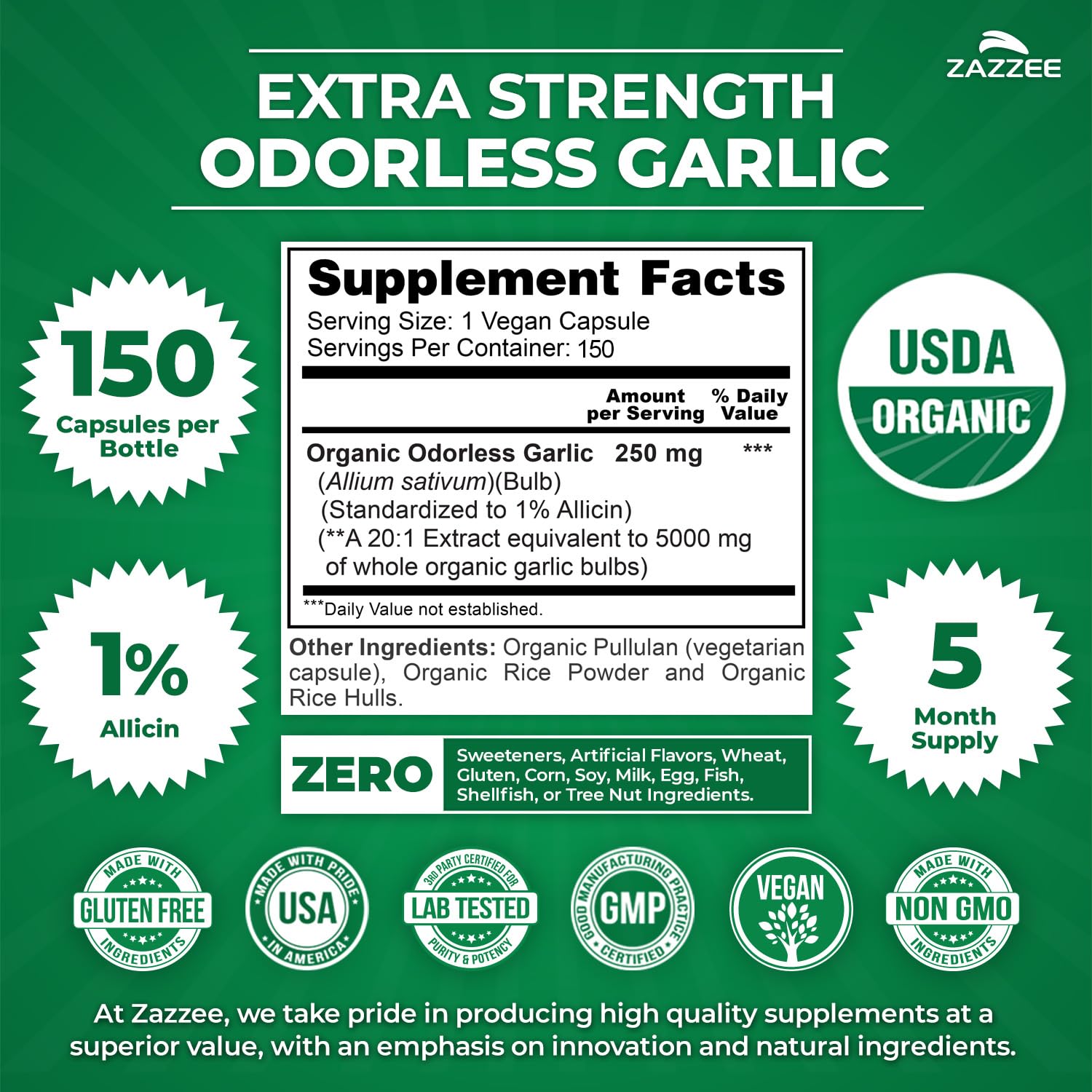 Zazzee USDA Organic Odorless Garlic 20:1 Extract, 1% Allicin, 100 Capsules | Vegan, 3+ Month Supply, Allium Sativum, Immune, Circulation & Heart Health Support, All-Natural, Non-GMO, Made in the USA Gsupps Australia