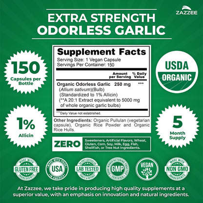 Zazzee USDA Organic Odorless Garlic 20:1 Extract, 1% Allicin, 100 Capsules | Vegan, 3+ Month Supply, Allium Sativum, Immune, Circulation & Heart Health Support, All-Natural, Non-GMO, Made in the USA Gsupps Australia