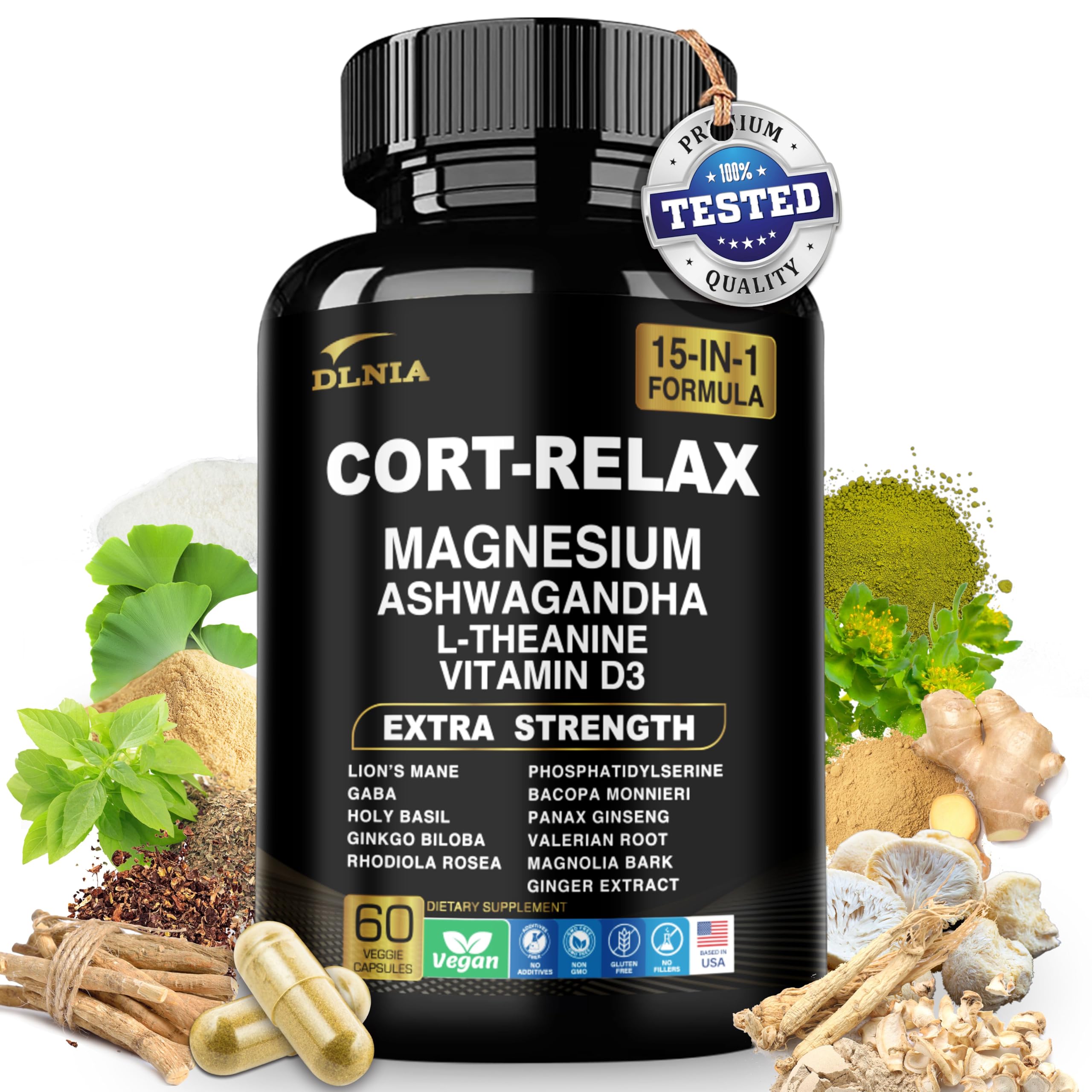 DLNIA Super Calm Cortisol Supplement with Magnesium Glycinate, Ashwagandha KSM-66, L-Theanine, Phosphatidylserine, Ginkgo Biloba & Lions Mane for Calm, Focus, Mental Clarity, Relaxation, Sleep, Energy DLNIA buy australia supplements
