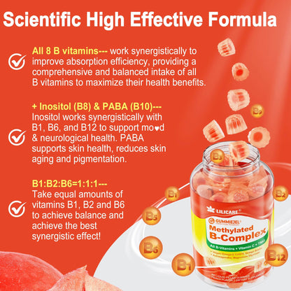 Super Methylated Vitamin B Complex Gummies - All B Vitamins + Omega-3, Magnesium, CoQ10, Ashwagandha,Vitamin C, TMG- For Women Men- Methyl B12 2000 mcg, Methylfolate LILICARE
