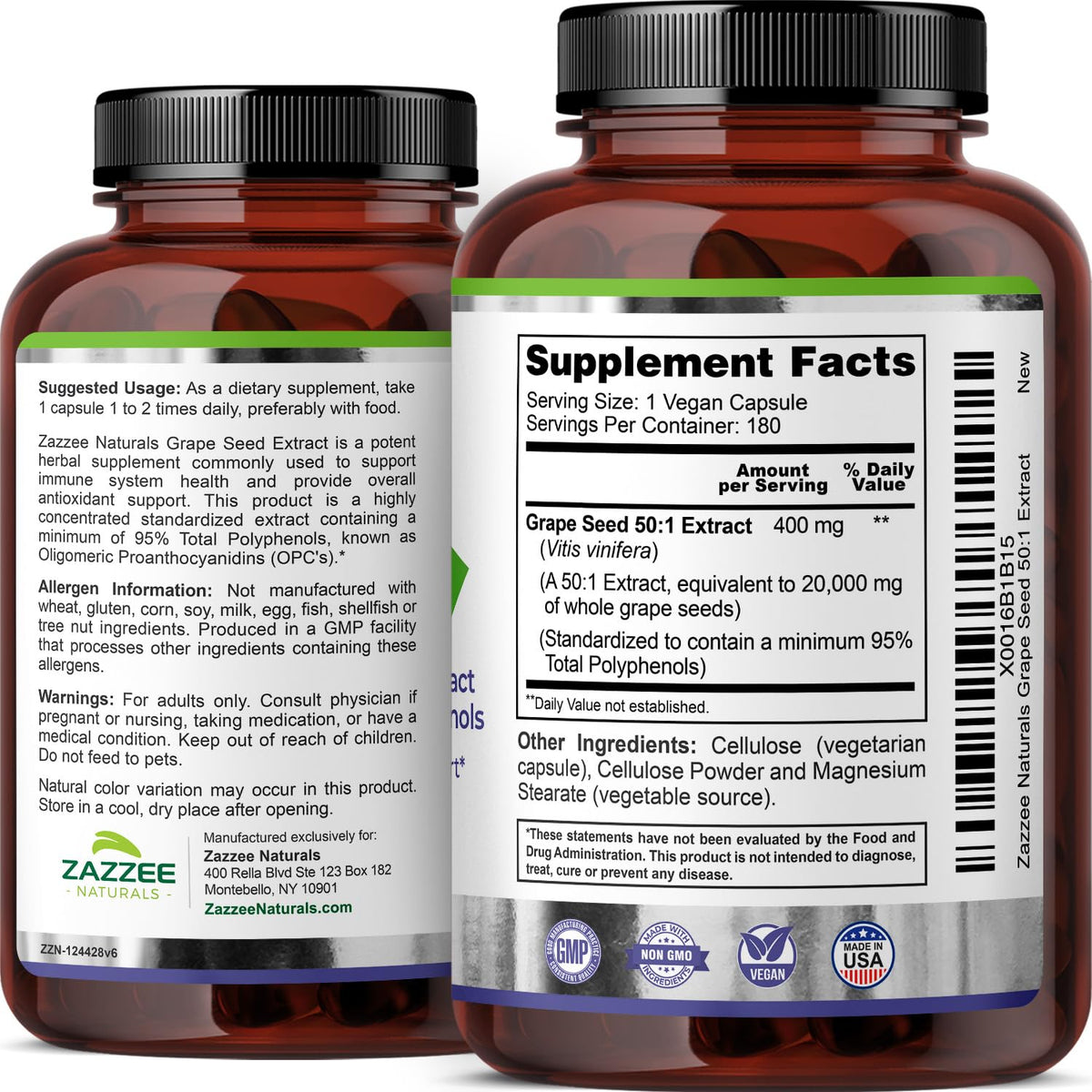Zazzee High Strength Grape Seed 50:1 Extract, 180 Vegan Capsules, 95% Polyphenols, 400 mg per Capsule, 6 Month Supply, Antioxidant Zazzee