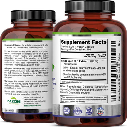 Zazzee High Strength Grape Seed 50:1 Extract, 180 Vegan Capsules, 95% Polyphenols, 400 mg per Capsule, 6 Month Supply, Antioxidant Zazzee