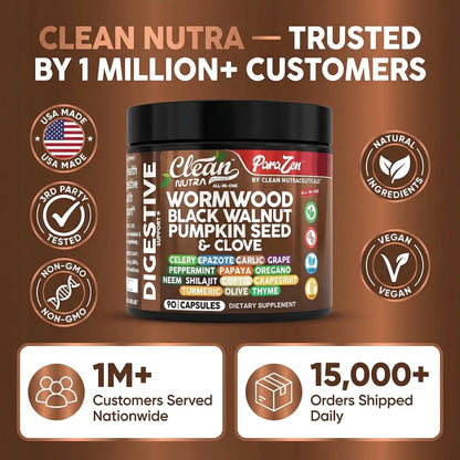 Clean Nutra Wormwood Black Walnut Pumpkin Seed Clove Oil Celery Garlic Grape Papaya Neem Diatomaceous Earth Womens Probiotic Gut Health Cleanse Detox Oregano Clean Nutraceuticals