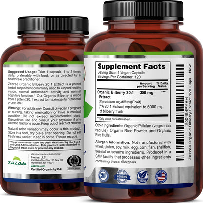Zazzee USDA Organic Bilberry 20:1 Extract, 120 Capsules, 4 Month Supply | Vegan, Vaccinium Myrtillus, Eye Health, Vision & Antioxidant Support, All-Natural, Non-GMO, Made in the USA Gsupps Australia