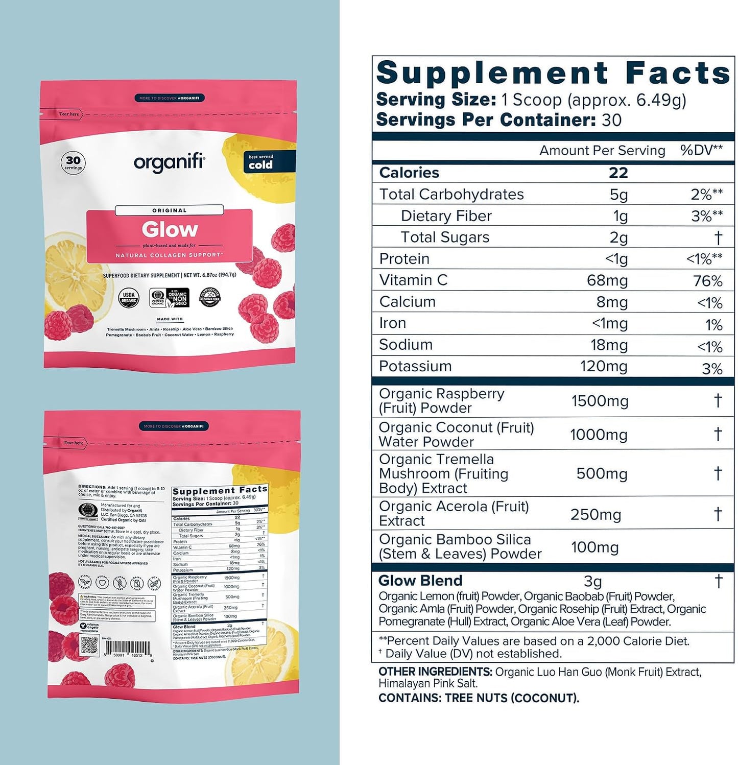 Organifi Glow - Vegan Collagen Powder for Women - Organic Flavored Water Ingredient, 30 Servings Gsupps Australia