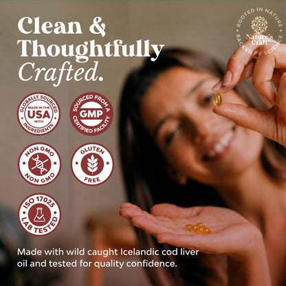 Cod Liver Oil Capsules, Omega 3 Fish Oil, 100 Mini Softgels | 1,000 mg per 2-softgel serving with 240 mg total omega-3s, EPA & DHA, vitamins A & D3, from wild-caught Icelandic cod Gsupps Australia