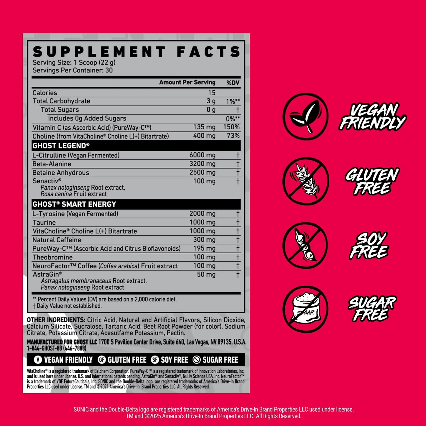 GHOST Legend Pre Workout Powder, Sonic Cherry Limeade - 30 Servings – Pre-Workout for Men & Women with Choline, L-Citrulline, GHOST