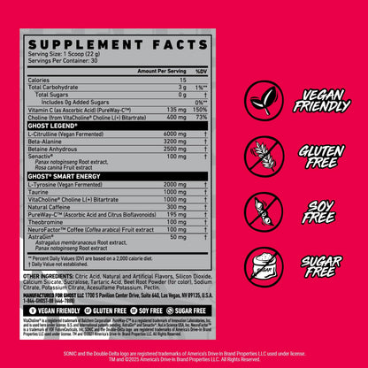 GHOST Legend Pre Workout Powder, Sonic Cherry Limeade - 30 Servings – Pre-Workout for Men & Women with Choline, L-Citrulline, GHOST