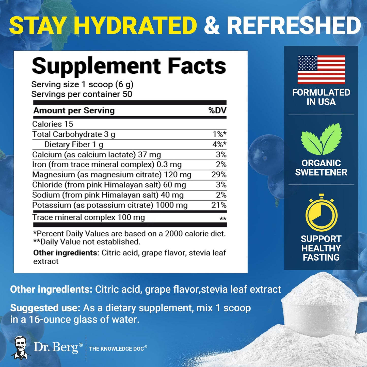 Dr. Berg Zero Sugar Hydration Keto Electrolyte Powder - Enhanced w/ 1000 mg of Potassium & Real Pink Himalayan Salt (NOT Table Salt) - Grape Flavor Hydration Drink Mix Supplement - 50 Servings Dr. Berg Nutritionals