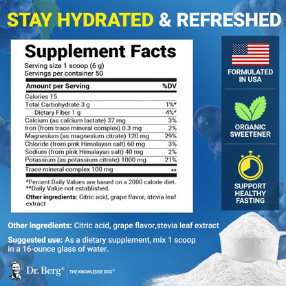 Dr. Berg Zero Sugar Hydration Keto Electrolyte Powder - Enhanced w/ 1000 mg of Potassium & Real Pink Himalayan Salt (NOT Table Salt) - Grape Flavor Hydration Drink Mix Supplement - 50 Servings Dr. Berg Nutritionals
