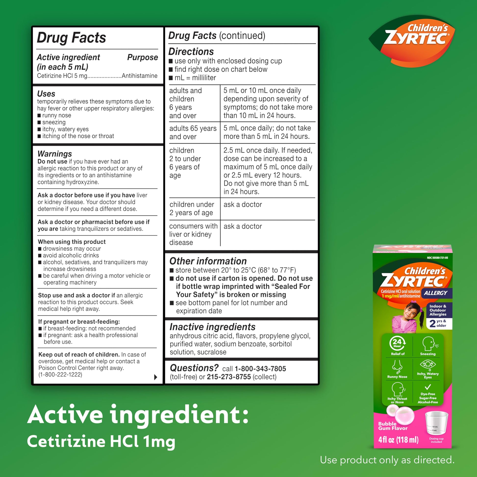 Zyrtec Children's Liquid, Kid's Antihistamine Syrup, Dye-, Sugar-, and Alcohol-Free, Pleasant Bubble Gum Flavor, Contains Cetirizine HCl Suitable for Ages 2 Years and Up, 4 fl oz Bottle Zyrtec buy australia supplements