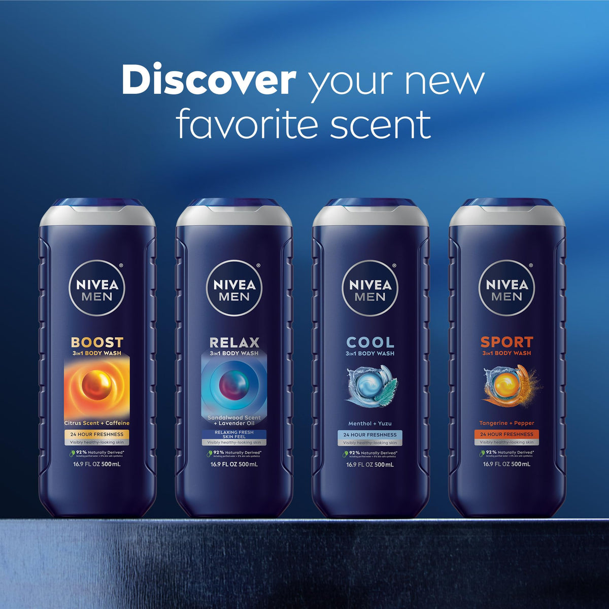 NIVEA MEN Cool 3-in-1 Body Wash with Menthol, Multipack, 3 x 16.9 FL OZ NIVEA MEN