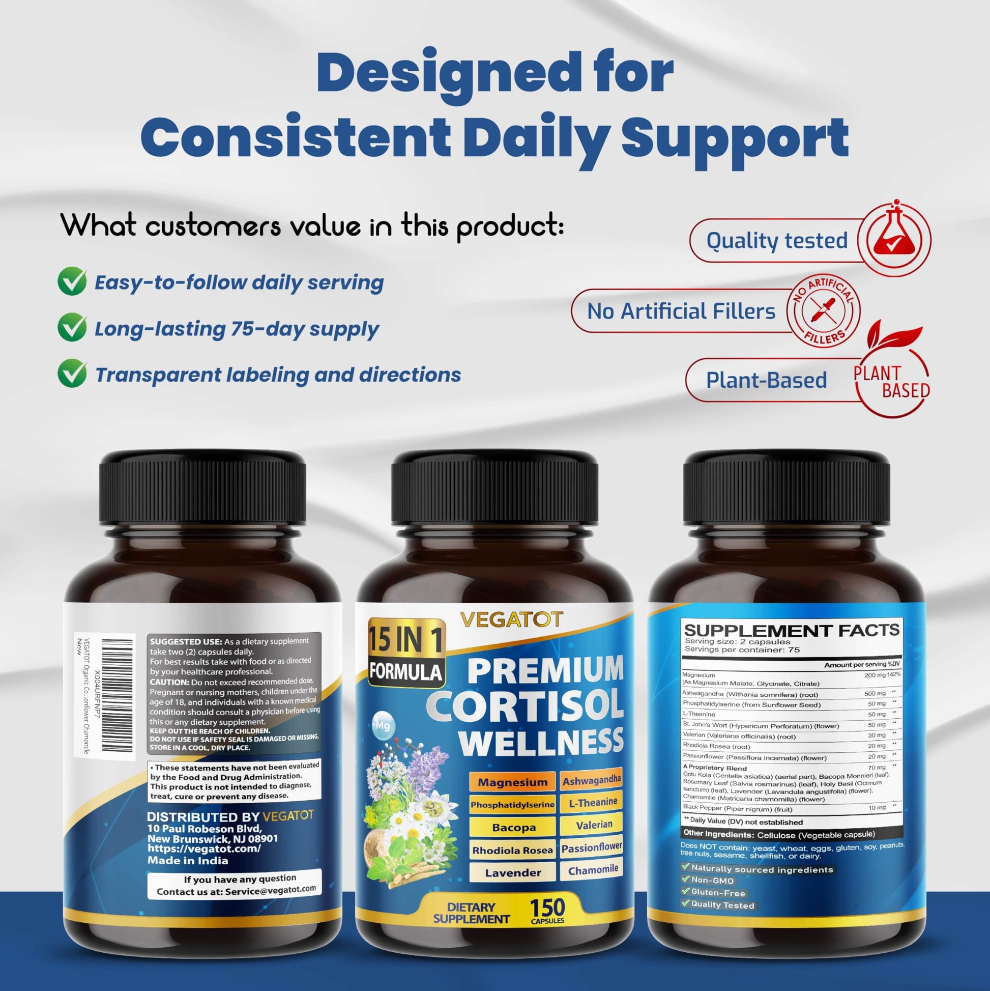 VEGATOT Organic Cortisol Wellness Complex 15-in-1 Formula with Magnesium Ashwagandha St. John's Wort Valerian Rhodiola Rosea Passionflower Chamomile VEGATOT buy australia supplements