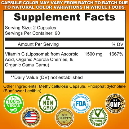 Liposomal Vitamin C Capsules - 1500mg - Made with Organic Acerola Cherries & Camu Camu, High Potency Vitamin C Liposomal - Immune Support Supplement SUPPLEMENTS STUDIO