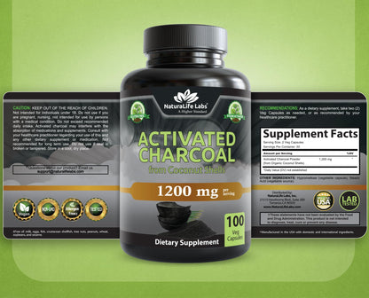 NaturaLife Labs Activated Charcoal 1200 mg per Serving – from Coconut Shells – 100 Veg Capsules – Non-GMO, Gluten-Free, Vegan NaturaLife Labs