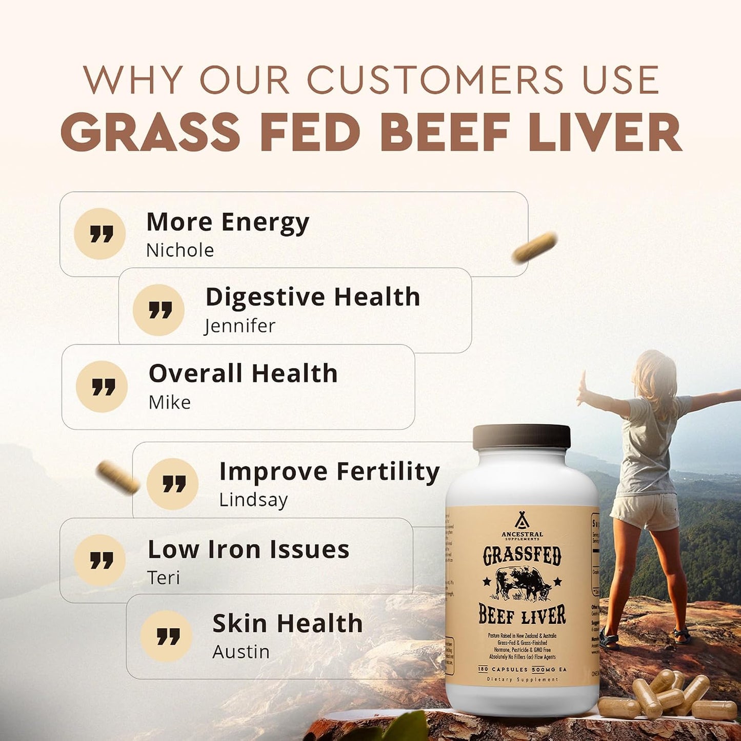 Ancestral Supplements Grass Fed Beef Liver Capsules, Supports Energy Production, Cleansing, Digestion, Immunity and Body Wellness, Non GMO, Freeze Dried Liver Support, 180 Capsules Bottle (3 Pack)