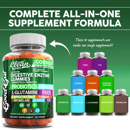 Clean Nutraceuticals Digestive Enzymes with Probiotics & Prebiotics for Digestive Health Gummies & L-Glutamine for Gut Health Bromelain Apple Pectin Inulin FOS Plant Clean Nutraceuticals