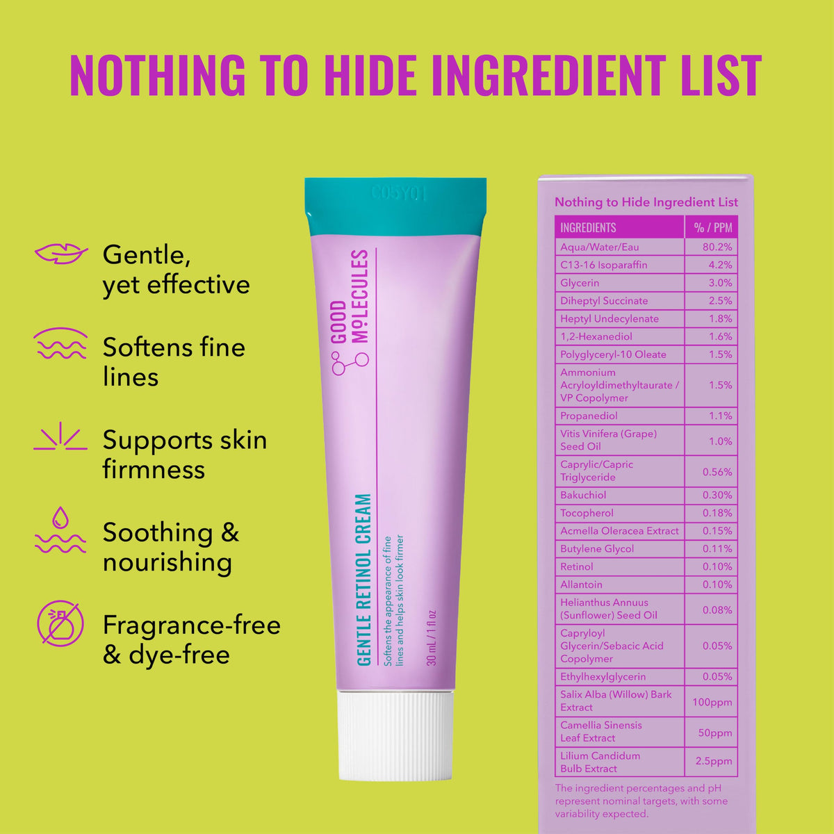 Good Molecules Gentle Retinol Cream, Retinol Night Cream for Face, 1 fl oz Good Molecules