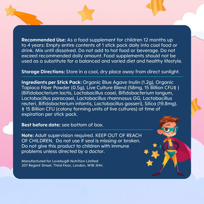 LOVEBUG Kids Probiotic Powder with Prebiotic Fiber - Toddler Immunity Support & Constipation Relief - USDA Organic Probiotics for Childrens Gut & Digestive Health LOVEBUG