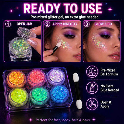 6 Colors Glow in the Dark Glitter Gel, UV Face Body Hair Makeup MiraWish