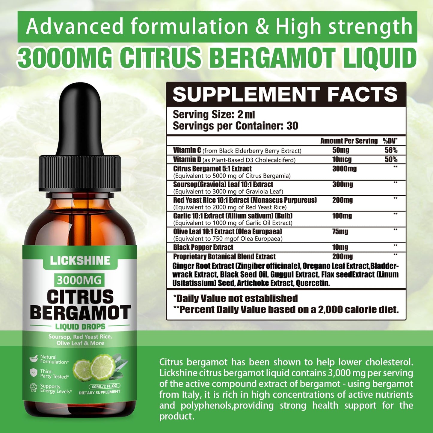lickshine 2 Pack 3000mg Citrus Bergamot Liquid Drops - High Absorption - Cholesterol Lowering Supplement for Immune Support Anti-Aging, lickshine
