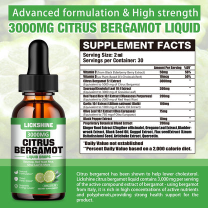 lickshine 2 Pack 3000mg Citrus Bergamot Liquid Drops - High Absorption - Cholesterol Lowering Supplement for Immune Support Anti-Aging, lickshine