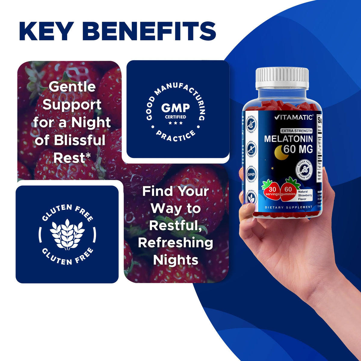 Vitamatic Sugar Free Melatonin 60 mg - 60 Vegetarian Gummies - Non-Habit Forming Supplement Vitamatic