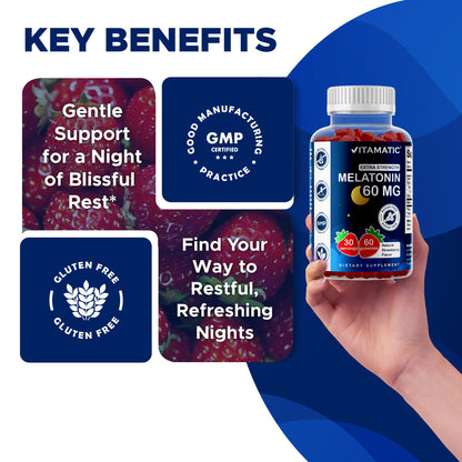Vitamatic Sugar Free Melatonin 60 mg - 60 Vegetarian Gummies - Non-Habit Forming Supplement Vitamatic