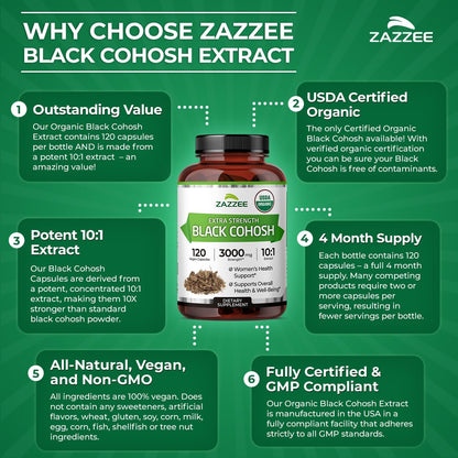 Zazzee USDA Organic Black Cohosh 10:1 Extract, 120 Vegan Capsules | 4 Month Supply, Actaea Racemosa, Women’s Health & Hormonal Balance Support, All-Natural, Non-GMO, Made in the USA Gsupps Australia