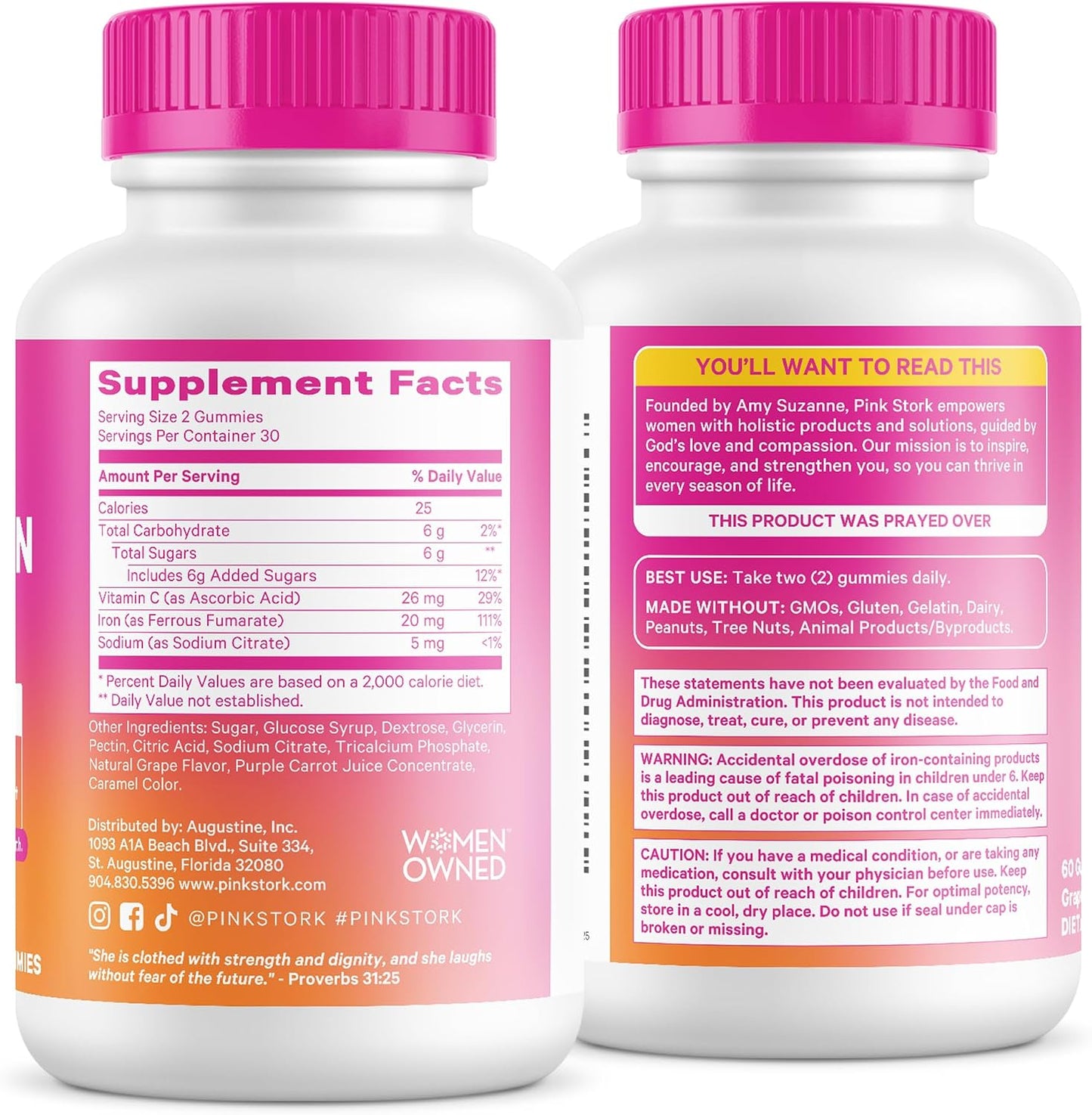 Pink Stork Prenatal Iron Supplement Gummies for Women, 20 mg, 60 Count | With Vitamin C for Absorption, Grape Flavor, Eases Iron Deficiency, Supports Energy + Oxygen Transport